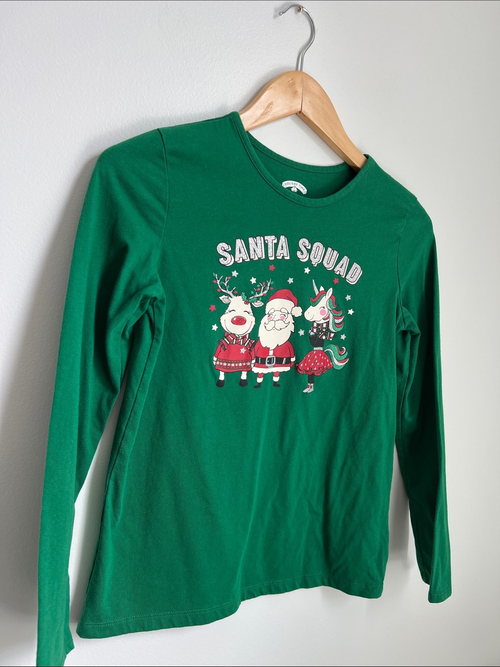 Holiday Time | Green "Santa Squad" Kids Long Sleeve Tee Size XL (14-16) - Picture 6 of 17